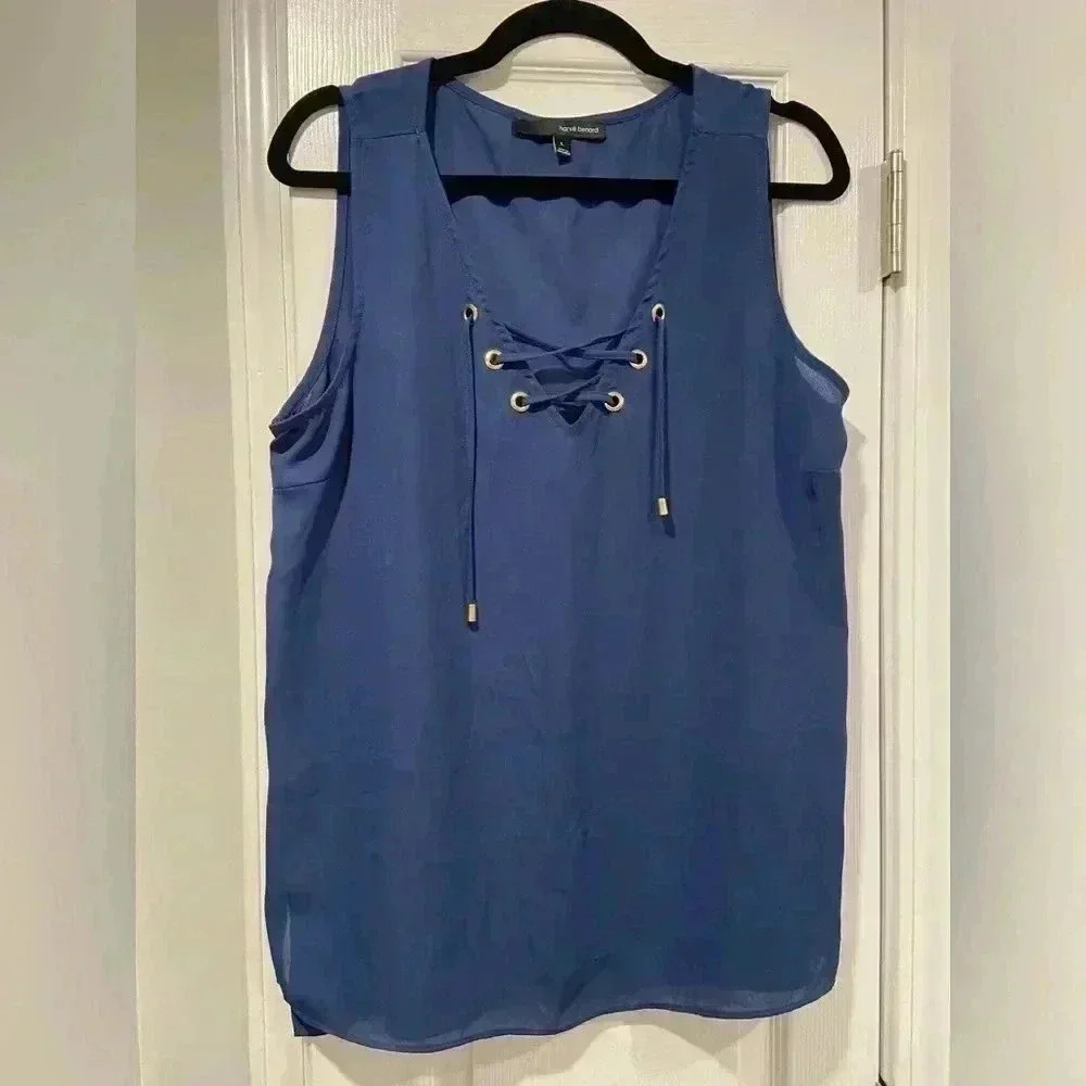 Harve Benard Navy Flowy Sheer Sleeveless Blouse Gold Eyelet Lace V Neck Size L